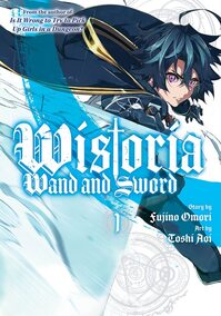 Cover of Wistoria: Wand and sword volume 1. Will is swinging a sword towards us and it is cover in blue flame. His intense red eyes are tracking us. His flowing black cape billows behind him.