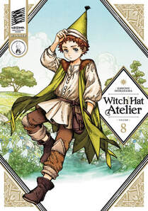 Cover of Witch Hat Atelier volume 8. Tartah is floating int he middle of a field, and he has on his green smock and green pointed hat.