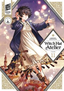 Cover of Witch Hat Atelier volume 11. Agott is in her nightgown with a purple overcoat on and she seems to be flying above the town. Around her are glowing bulbs of light.