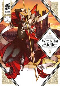 Cover of Witch Hat Atelier volume 9. Easthies, a member of the Knights Moralis, poses with his pennant weapon. He is in a black suit with the signature red cape of the Knights, as well as their pointed hat with wings on the side.