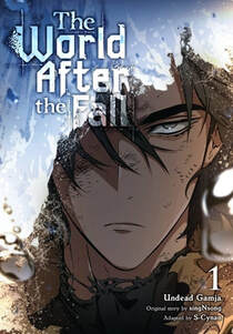 Cover of The World After the Fall volume 1. Jaehwan has light skin and dark brown hair. He's glaring at us with a golden iris. His face is covered in dirt, and half of it is obscured by a falling sky.