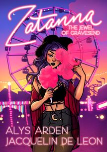Cover of Zatanna vol 1, Jewel of the Gravesend. Zatanna is standing in front of a ferris wheel with cotton candy in her hand, wearing a black shirt, black shorts, and a black hat. She's also wearing a red shawl. Her purple hair is fanned out around her face. 